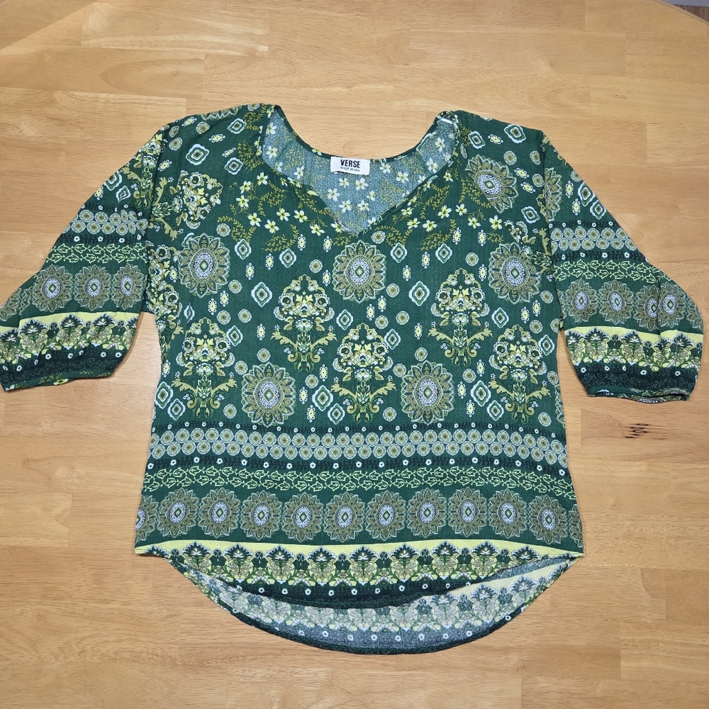 Verse Green Blouse With 3/4 Sleeves